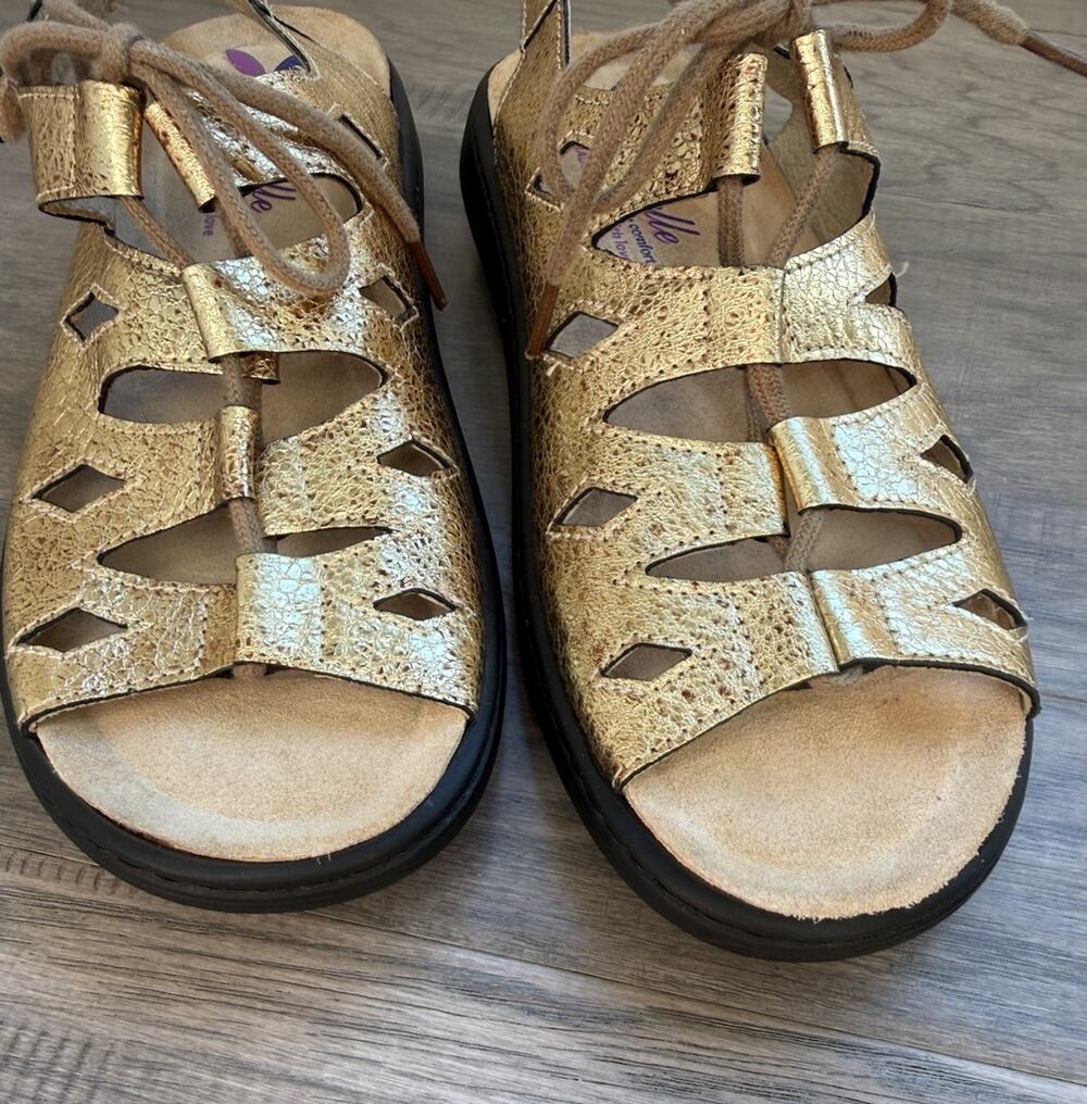 Helle Comfort Woman’s Jasmin Gold Lace Up Sandal Size 37 Made In Spain